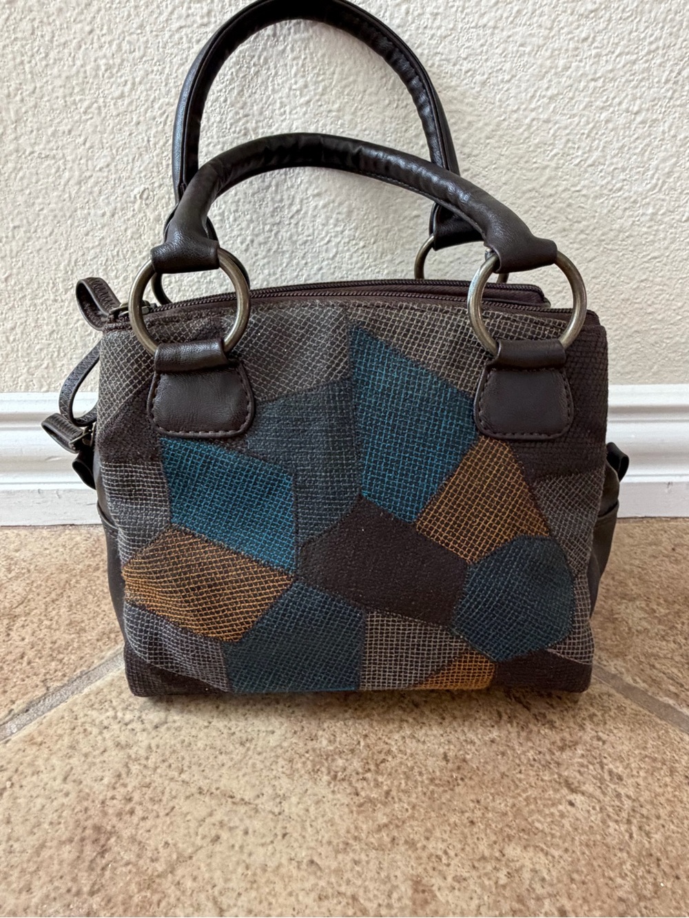 Baggit Brown Patchwork Bag for Women with Double Handles, Zip Closure